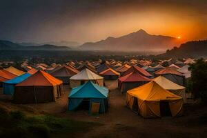 a nascer do sol sobre a tendas às a acampamento. gerado por IA foto