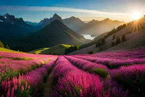 a Sol sobe sobre uma lavanda campo dentro a montanhas. gerado por IA foto