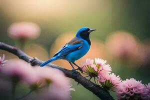 uma azul pássaro é empoleirado em uma ramo com Rosa flores gerado por IA foto