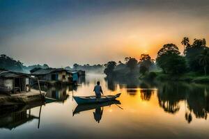 uma homem dentro uma barco em a rio às nascer do sol. gerado por IA foto