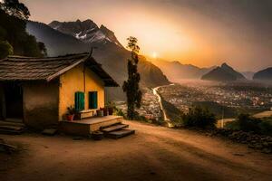 a Sol conjuntos sobre a montanhas dentro Nepal. gerado por IA foto