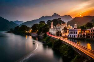 uma lindo pôr do sol sobre uma rio e uma cidade. gerado por IA foto