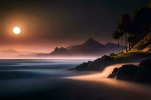 a lua sobe sobre a oceano às noite. gerado por IA foto