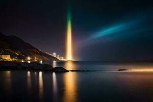 uma arco Iris luz é brilhando sobre a oceano. gerado por IA foto