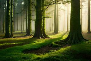 uma floresta com árvores e grama. gerado por IA foto
