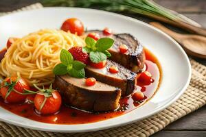 uma prato com carne, espaguete e tomates. gerado por IA foto