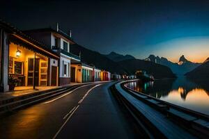 uma grandes estrada conduzindo para uma lago às crepúsculo. gerado por IA foto