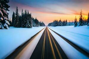 uma Nevado estrada com uma carro dirigindo baixa isto. gerado por IA foto