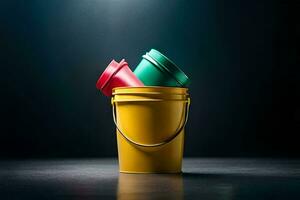 três baldes do diferente cores em uma Sombrio fundo. gerado por IA foto