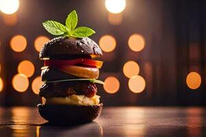 uma hamburguer com queijo, alface e tomate em topo. gerado por IA foto