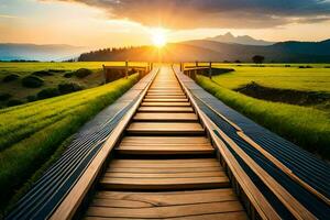 uma de madeira ponte conduz para uma pôr do sol sobre uma verde campo. gerado por IA foto