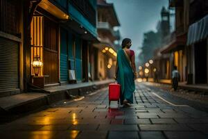 uma mulher caminhando baixa uma rua com uma vermelho mala. gerado por IA foto