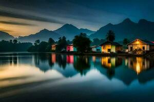 uma lago e casas dentro a montanhas às noite. gerado por IA foto