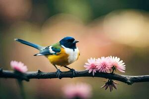uma pássaro sentado em uma ramo com Rosa flores gerado por IA foto