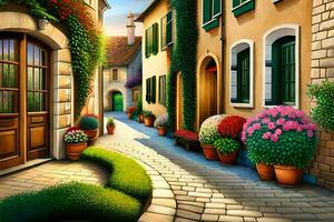 a ilustração do uma rua com flores e plantas. gerado por IA foto