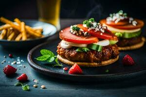dois hambúrgueres com tomates e alface em uma placa. gerado por IA foto