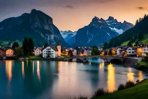 a lindo Cidade do Suíça às crepúsculo. gerado por IA foto