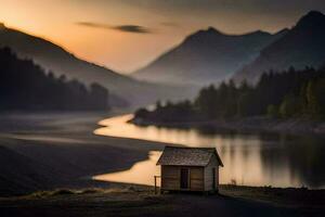 uma pequeno cabana senta em a Beira do uma lago às pôr do sol. gerado por IA foto