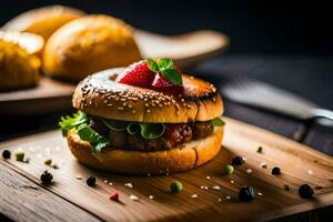 uma Hamburger com uma morango em topo. gerado por IA foto