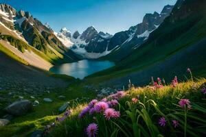 a montanhas estão coberto com flores e a lago é cercado de verde grama. gerado por IA foto