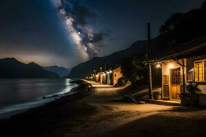 uma casa em a costa do uma lago às noite. gerado por IA foto