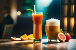 dois bebidas com laranja suco e morangos em uma mesa. gerado por IA foto