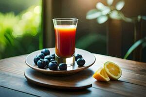 uma vidro do suco com amoras e limões em uma de madeira mesa. gerado por IA foto