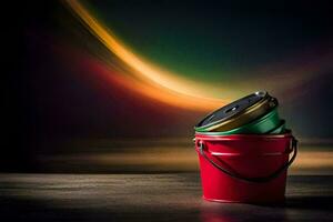 uma vermelho balde com uma verde tampa em uma de madeira mesa. gerado por IA foto