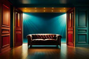 uma quarto com uma couro sofá e azul paredes. gerado por IA foto