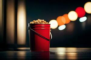 uma vermelho balde preenchidas com amendoim sentado em uma mesa. gerado por IA foto
