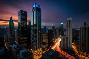 a cidade Horizonte às crepúsculo com tráfego luzes. gerado por IA foto