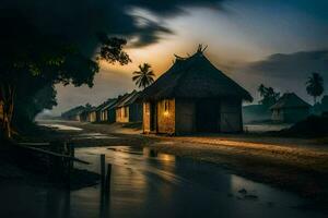uma Vila às crepúsculo com colmo cabanas. gerado por IA foto