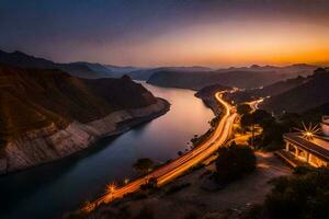 a estrada para a pôr do sol. gerado por IA foto