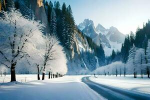 uma Nevado estrada dentro frente do uma montanha faixa. gerado por IA foto