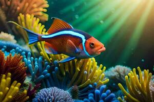 a laranja e azul peixe natação dentro a oceano. gerado por IA foto