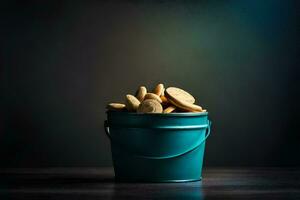 uma balde preenchidas com biscoitos em uma Sombrio fundo. gerado por IA foto