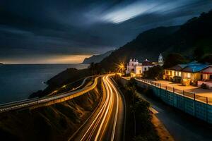 uma grandes exposição foto do uma estrada e casas de a oceano. gerado por IA