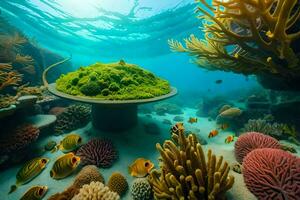 a embaixo da agua cena com coral e peixe. gerado por IA foto