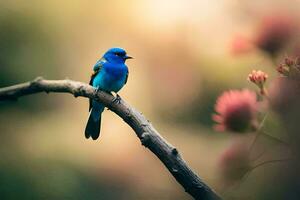 uma azul pássaro senta em uma ramo dentro frente do flores gerado por IA foto