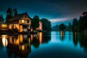 uma casa senta em a Beira do uma lago às noite. gerado por IA foto