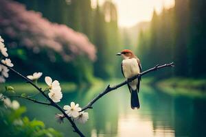 uma pássaro senta em uma ramo perto uma lago. gerado por IA foto