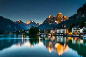 a lindo montanhas e lago dentro Suíça. gerado por IA foto