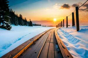 uma de madeira rastrear conduz para a Sol dentro a neve. gerado por IA foto