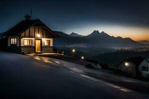 uma pequeno casa senta em a lado do uma montanha às noite. gerado por IA foto