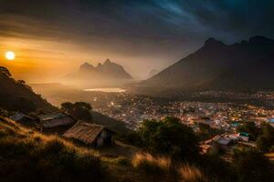 a Sol conjuntos sobre uma Vila dentro a montanhas. gerado por IA foto