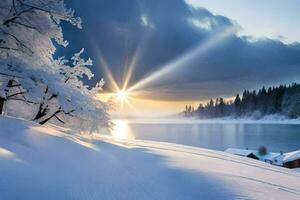 neve coberto árvores e a Sol brilhando sobre uma lago. gerado por IA foto