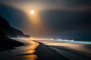 uma cheio lua brilha sobre a oceano e uma de praia. gerado por IA foto