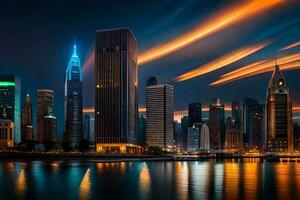 a cidade Horizonte às noite com luzes refletindo fora a água. gerado por IA foto