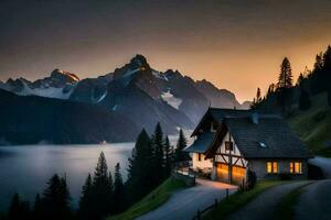 a casa dentro a montanhas. gerado por IA foto