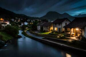 foto papel de parede a céu, noite, rio, casas, Vila, noite, rio, casas,. gerado por IA